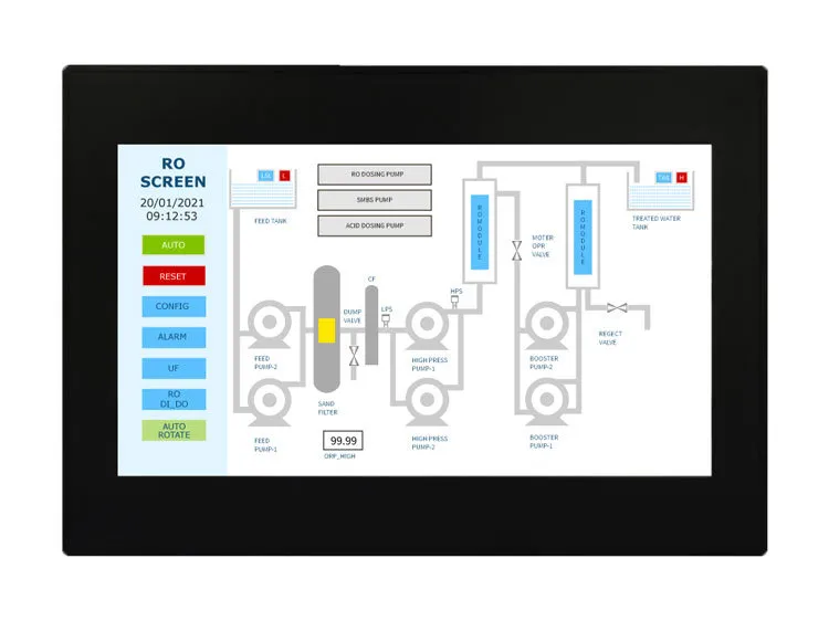 Industrial HMI touchscreen panel displaying real-time process data